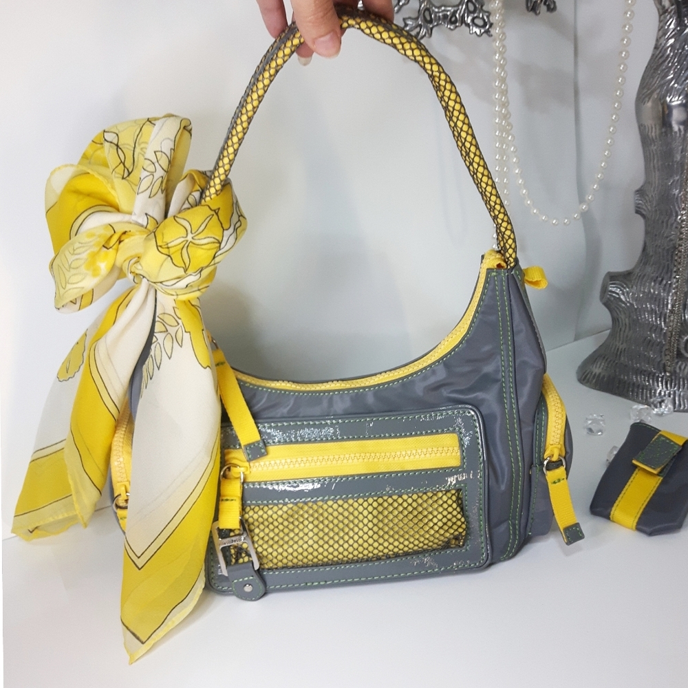 Y2K Vtg Nine West💛Yellow Gray Casual Baguette Shoulder Bag with Pockets - Picture 3 of 15